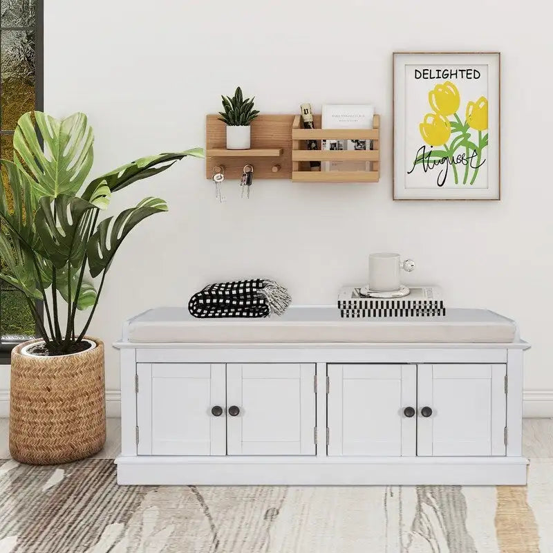 4-Door Storage Bench with Removable Cushion and Adjustable Shelves