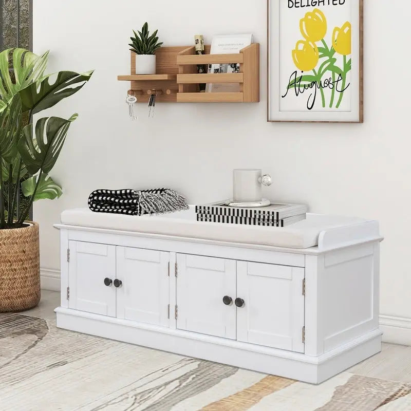4-Door Storage Bench with Removable Cushion and Adjustable Shelves