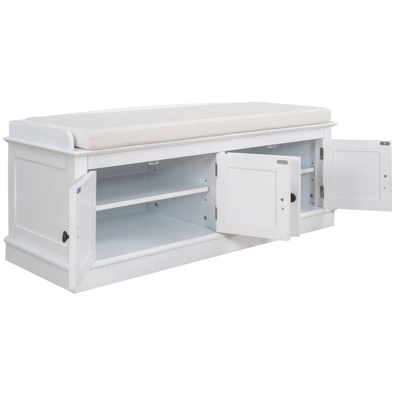 4-Door Storage Bench with Removable Cushion and Adjustable Shelves