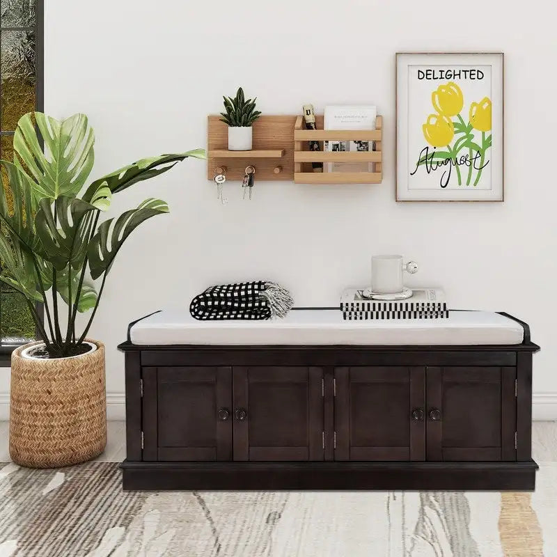4-Door Storage Bench with Removable Cushion and Adjustable Shelves