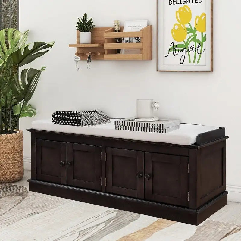 4-Door Storage Bench with Removable Cushion and Adjustable Shelves