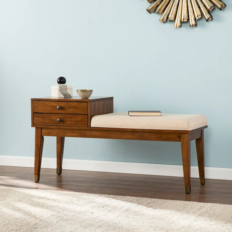 Mid-Century Modern Upholstered Bench with 2-Drawer Storage