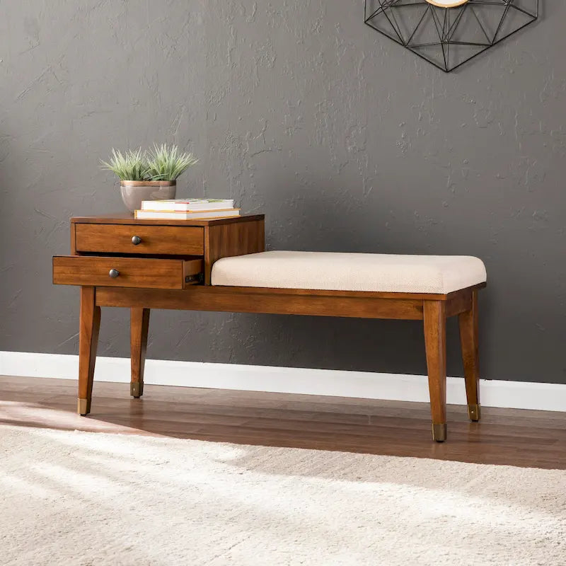 Mid-Century Modern Upholstered Bench with 2-Drawer Storage