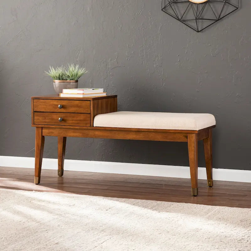 Mid-Century Modern Upholstered Bench with 2-Drawer Storage
