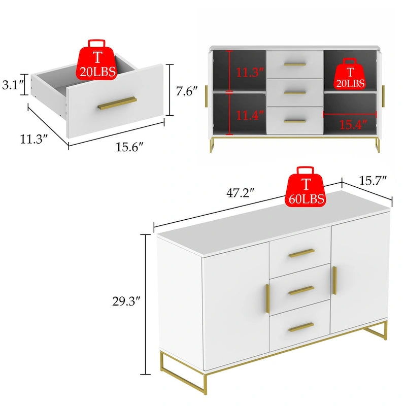 Buffet Credenza with Double Doors and 3 Drawers