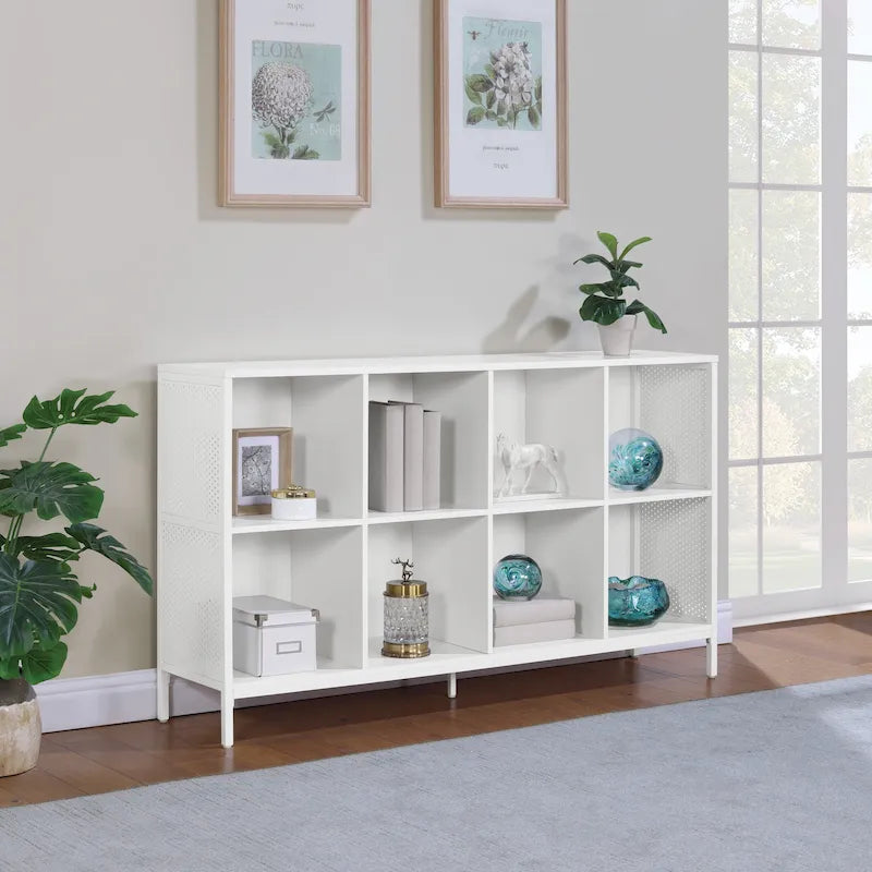 8-Cube Industrial Bookcase with Wood Grain Shelves and Metal Frame