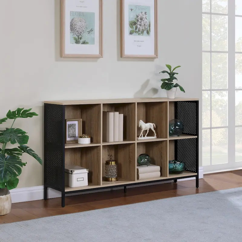 8-Cube Industrial Bookcase with Wood Grain Shelves and Metal Frame