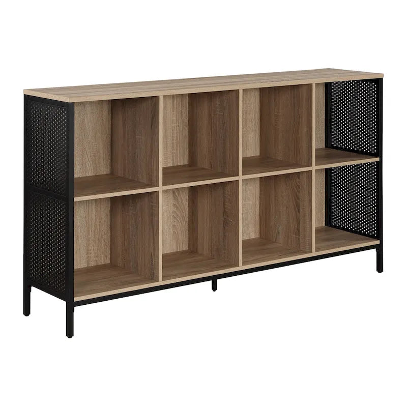 8-Cube Industrial Bookcase with Wood Grain Shelves and Metal Frame