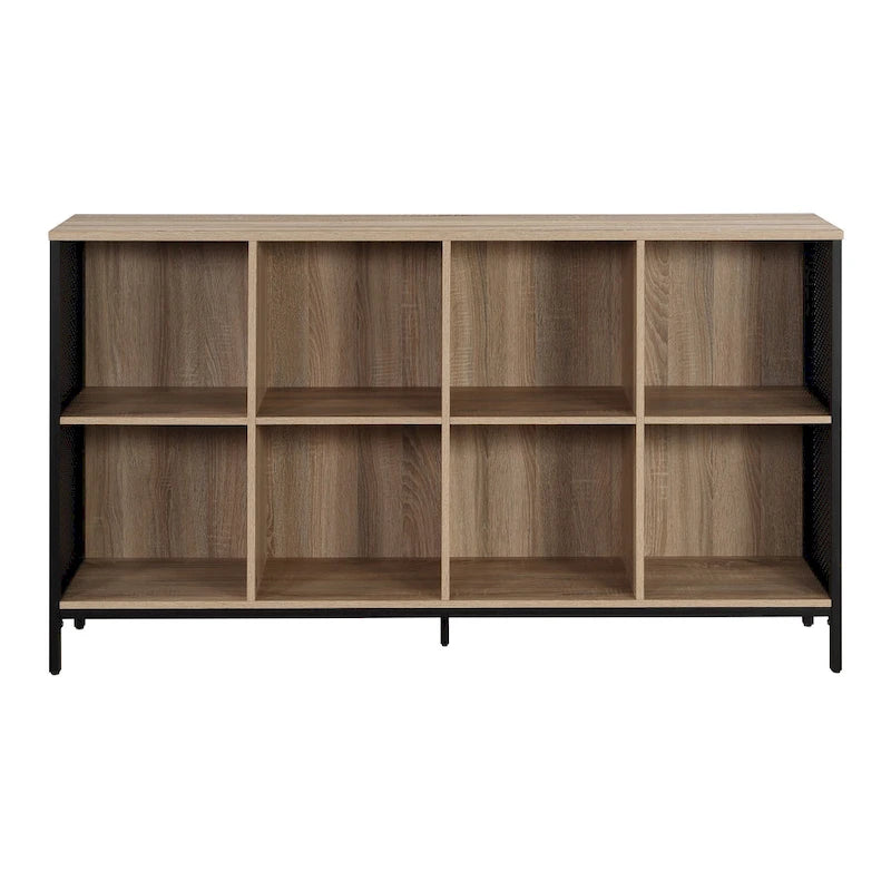 8-Cube Industrial Bookcase with Wood Grain Shelves and Metal Frame