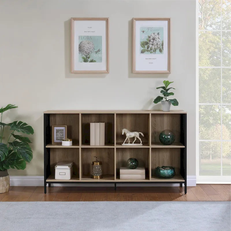 8-Cube Industrial Bookcase with Wood Grain Shelves and Metal Frame