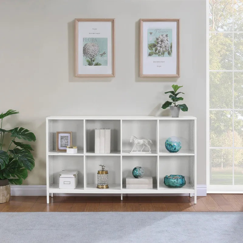 8-Cube Industrial Bookcase with Wood Grain Shelves and Metal Frame