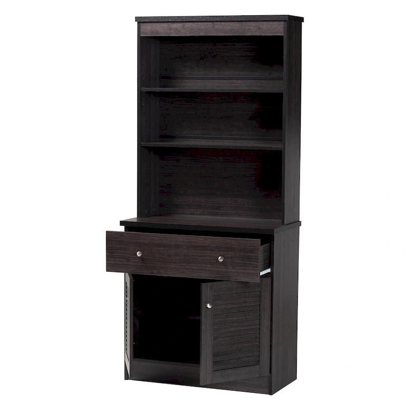 Traditional Dark Brown Kitchen Hutch Cabinet with Open Shelves and Storage Drawers