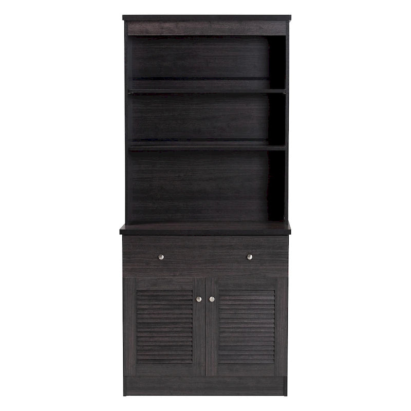 Traditional Dark Brown Kitchen Hutch Cabinet with Open Shelves and Storage Drawers