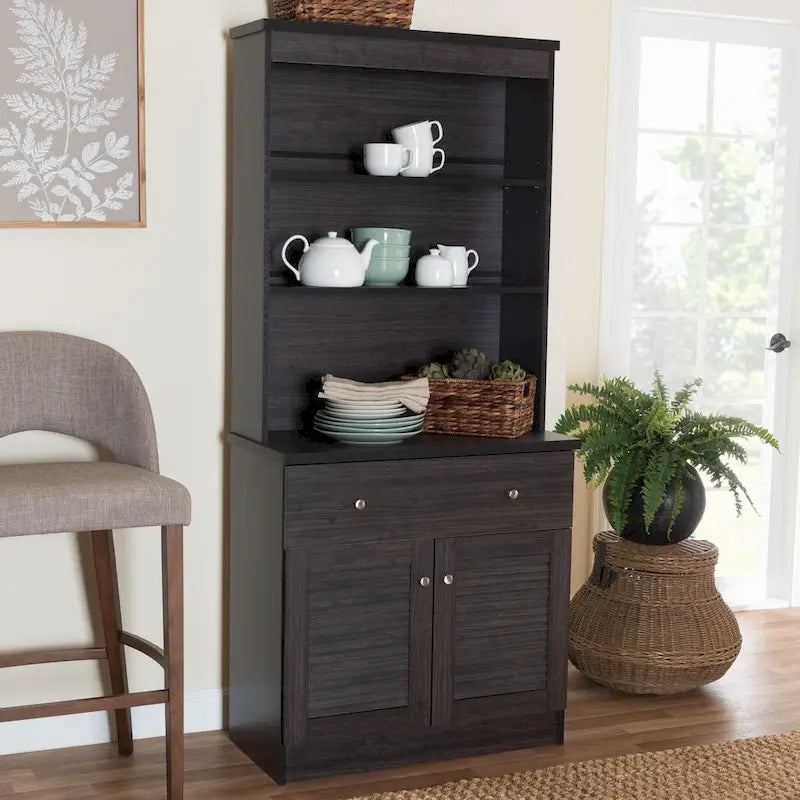 Traditional Dark Brown Kitchen Hutch Cabinet with Open Shelves and Storage Drawers