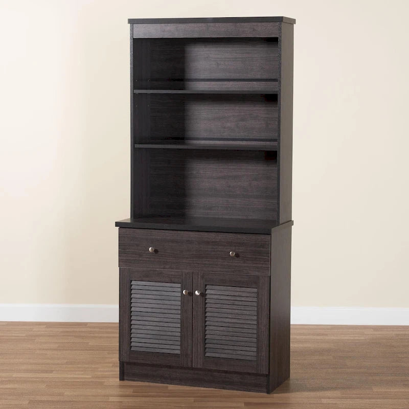 Traditional Dark Brown Kitchen Hutch Cabinet with Open Shelves and Storage Drawers
