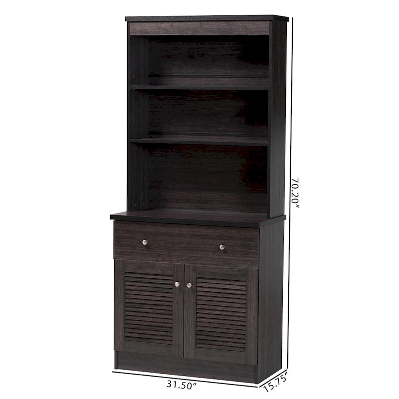 Traditional Dark Brown Kitchen Hutch Cabinet with Open Shelves and Storage Drawers