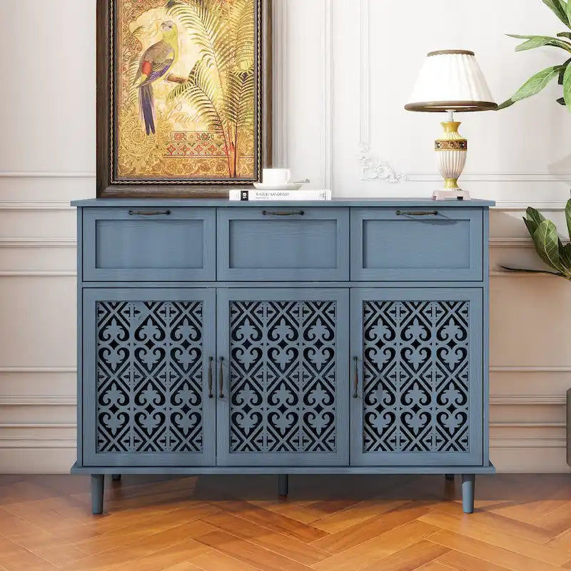3-Door 3-Drawer Carved Storage Cabinet for Living Room