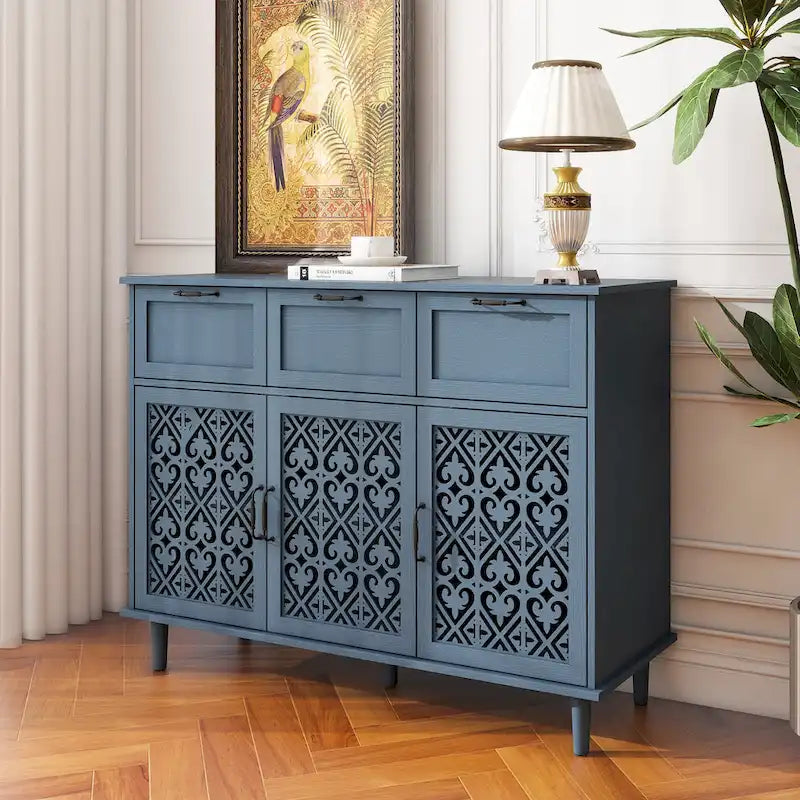 3-Door 3-Drawer Carved Storage Cabinet for Living Room