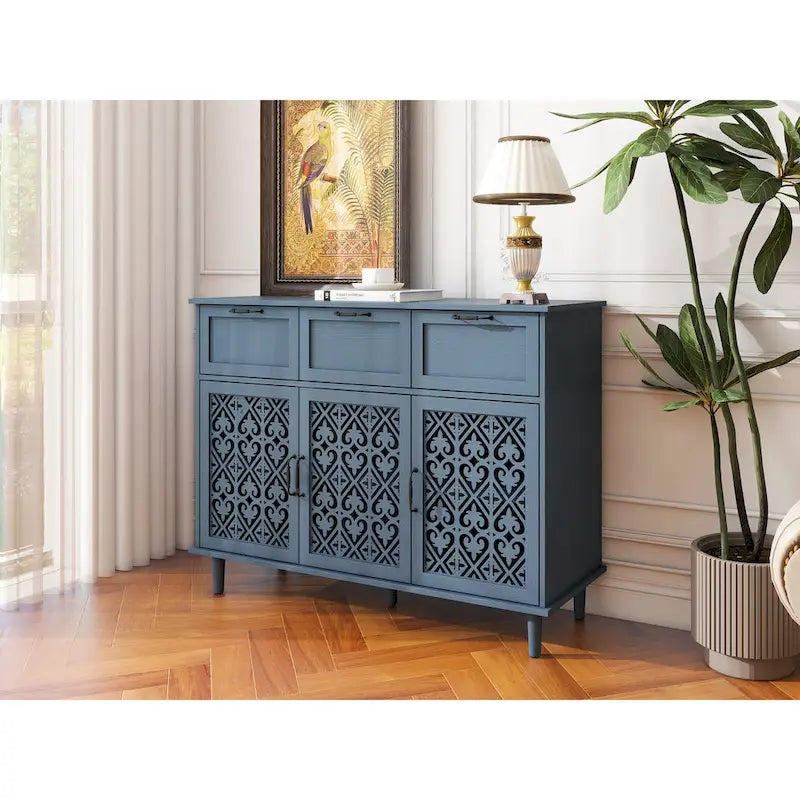 3-Door 3-Drawer Carved Storage Cabinet for Living Room