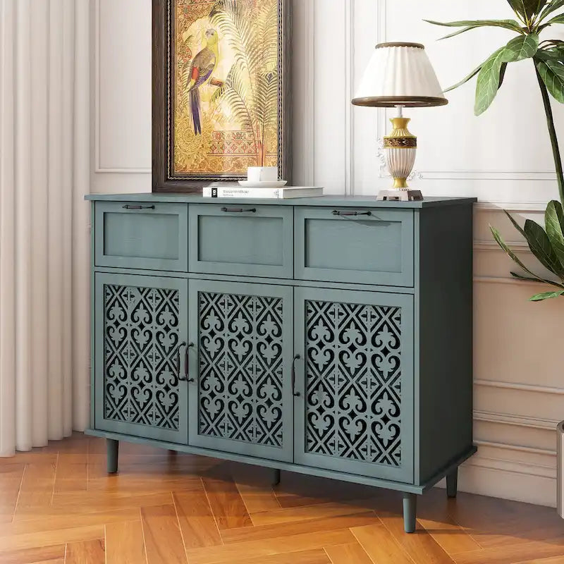 3-Door 3-Drawer Carved Storage Cabinet for Living Room