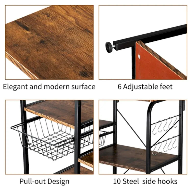 4-Tier Kitchen Baker's Rack with 10 Hooks and Adjustable Feet