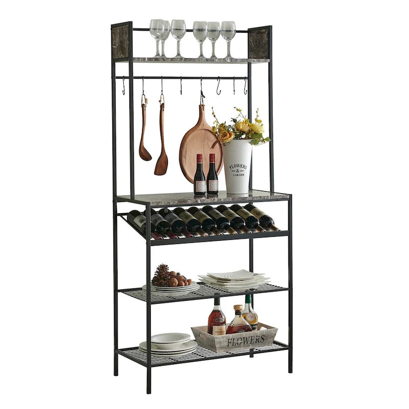 Kitchen Baker's Rack with Black Marble Top, Wine Rack and Hooks