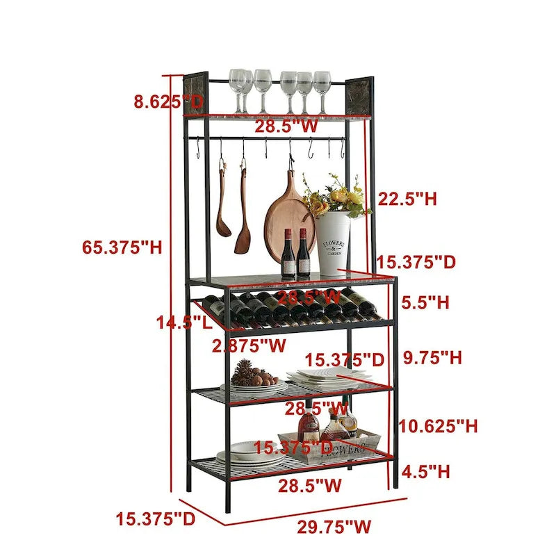 Kitchen Baker's Rack with Black Marble Top, Wine Rack and Hooks