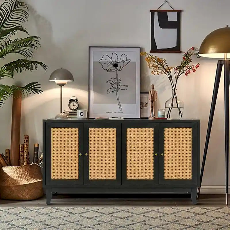 4-Door Rattan Sideboard Cabinet with Adjustable Shelf and Wide Countertop
