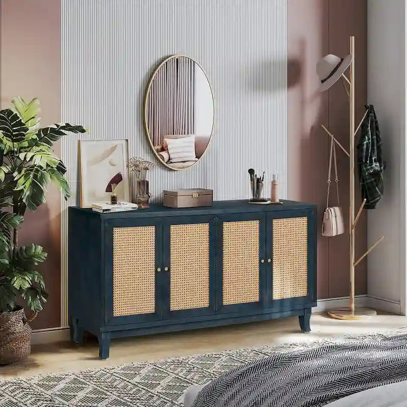 4-Door Rattan Sideboard Cabinet with Adjustable Shelf and Wide Countertop