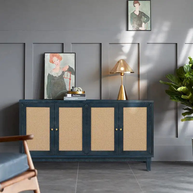 4-Door Rattan Sideboard Cabinet with Adjustable Shelf and Wide Countertop
