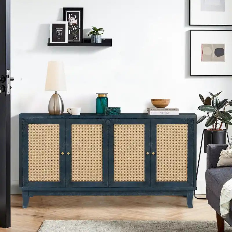 4-Door Rattan Sideboard Cabinet with Adjustable Shelf and Wide Countertop
