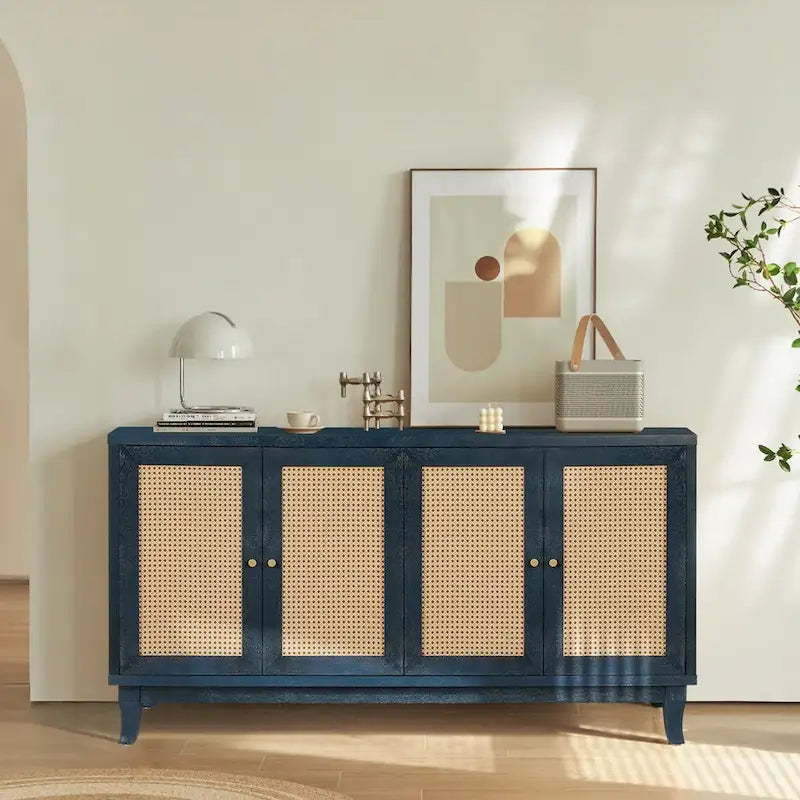 4-Door Rattan Sideboard Cabinet with Adjustable Shelf and Wide Countertop