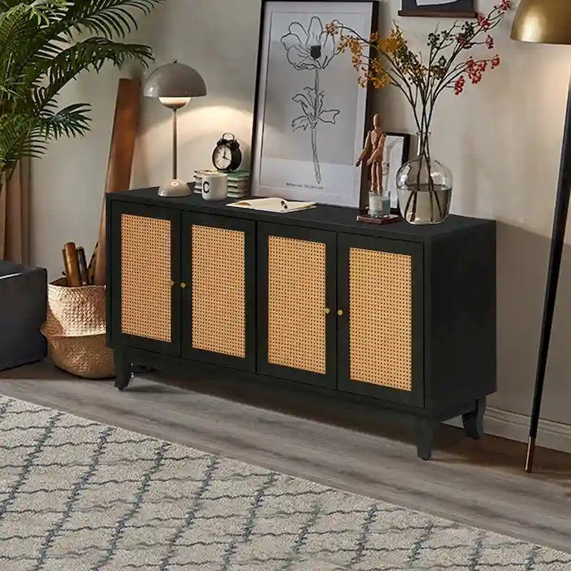 4-Door Rattan Sideboard Cabinet with Adjustable Shelf and Wide Countertop