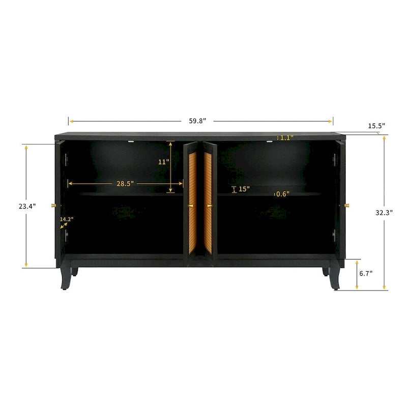 4-Door Rattan Sideboard Cabinet with Adjustable Shelf and Wide Countertop