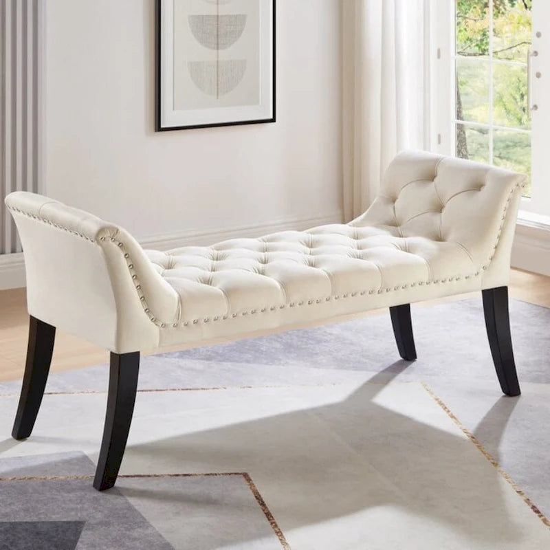 Velvet Button-Tufted Accent Bench with Armrests