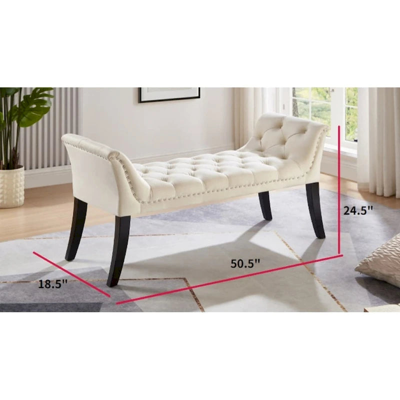 Velvet Button-Tufted Accent Bench with Armrests