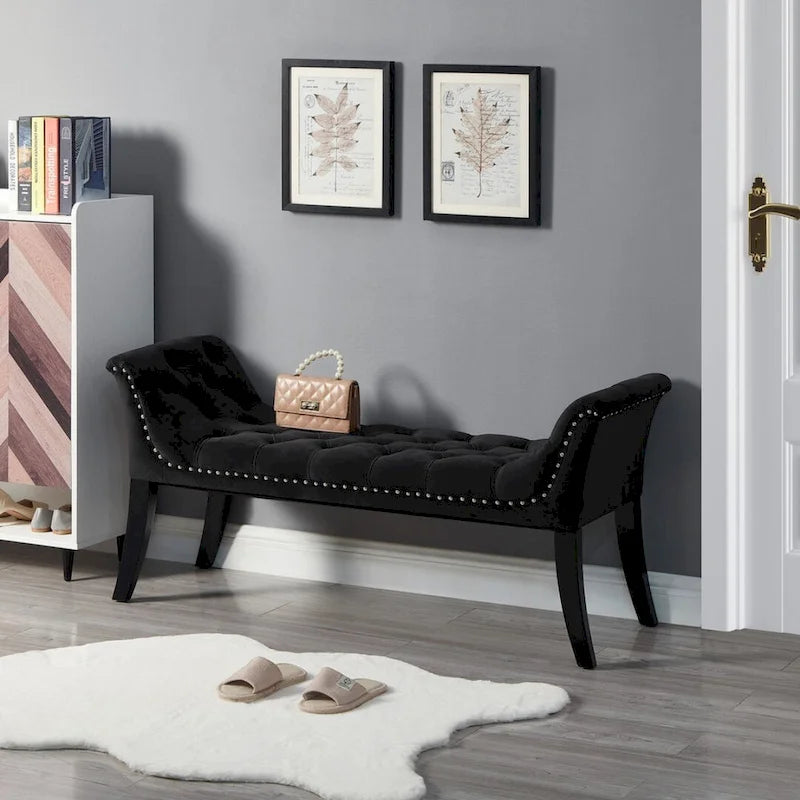 Velvet Button-Tufted Accent Bench with Armrests