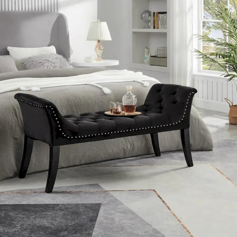 Velvet Button-Tufted Accent Bench with Armrests