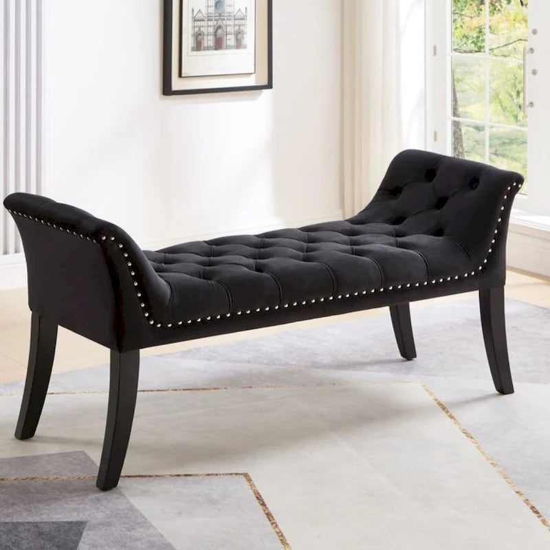 Velvet Button-Tufted Accent Bench with Armrests