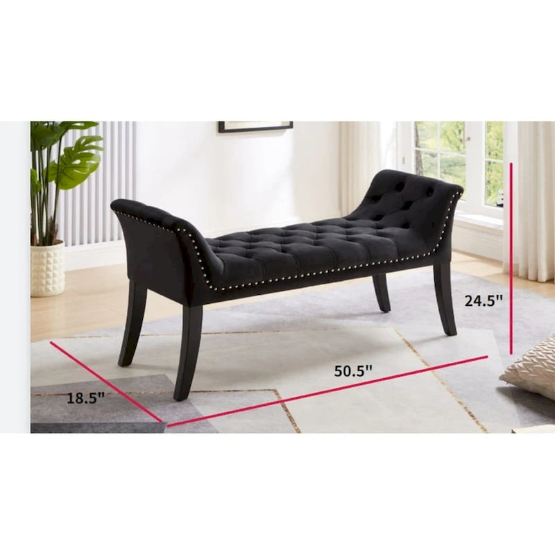Velvet Button-Tufted Accent Bench with Armrests