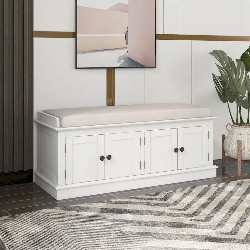 4-Door Entryway Storage Bench with Removable Linen Cushion and Adjustable Shelves
