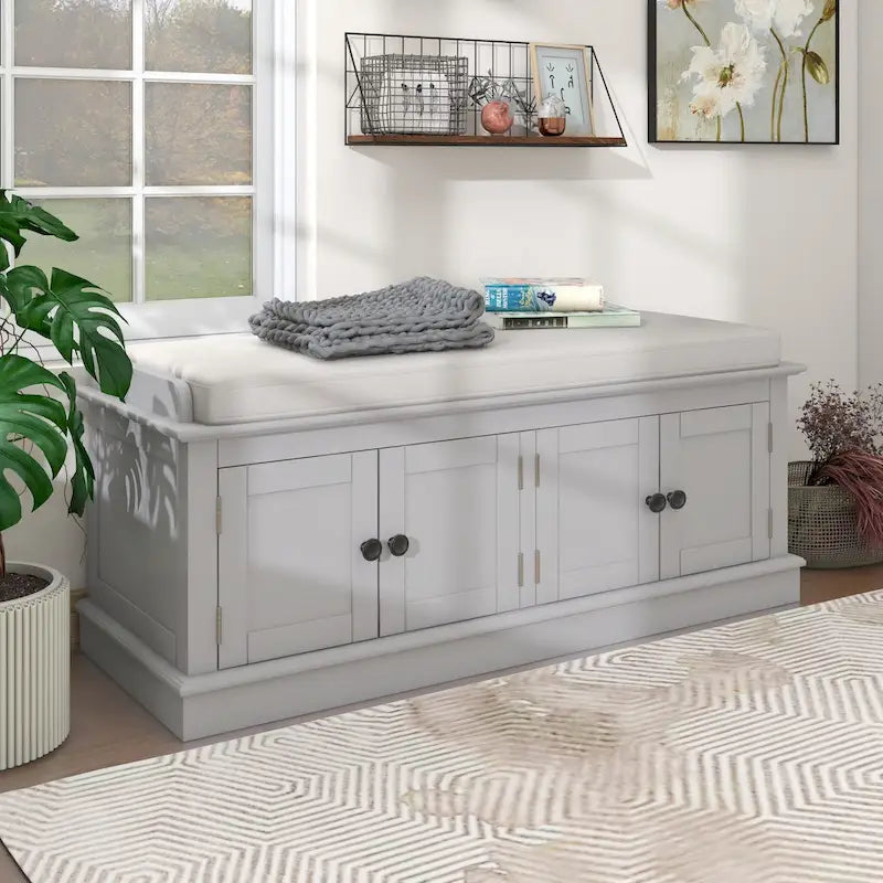 4-Door Entryway Storage Bench with Removable Linen Cushion and Adjustable Shelves