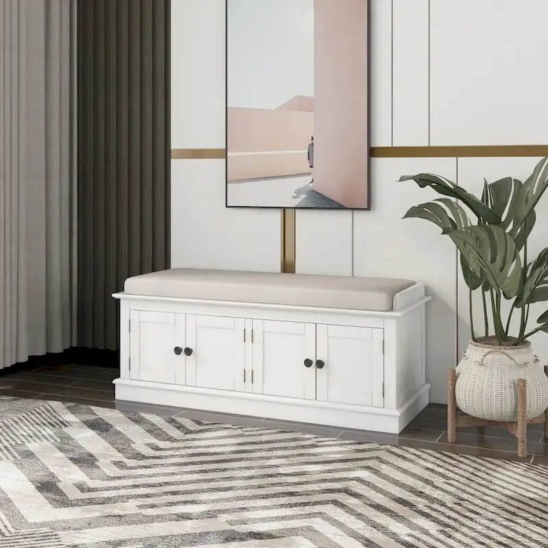 4-Door Entryway Storage Bench with Removable Linen Cushion and Adjustable Shelves