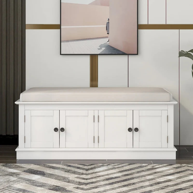 4-Door Entryway Storage Bench with Removable Linen Cushion and Adjustable Shelves