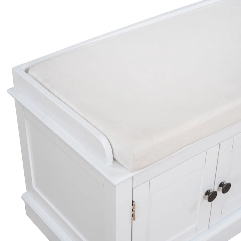 4-Door Entryway Storage Bench with Removable Linen Cushion and Adjustable Shelves