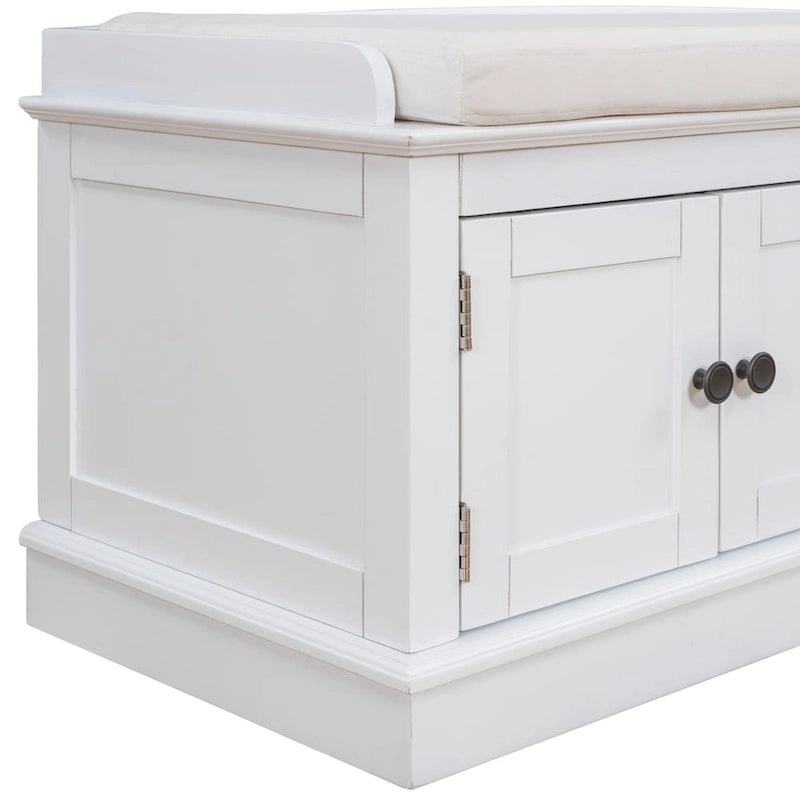 4-Door Entryway Storage Bench with Removable Linen Cushion and Adjustable Shelves
