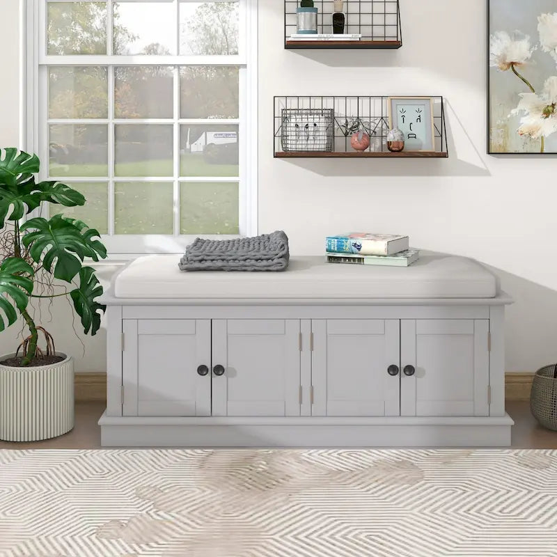 4-Door Entryway Storage Bench with Removable Linen Cushion and Adjustable Shelves