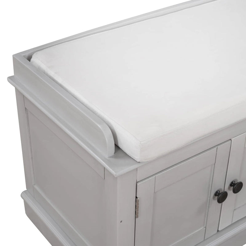 4-Door Entryway Storage Bench with Removable Linen Cushion and Adjustable Shelves