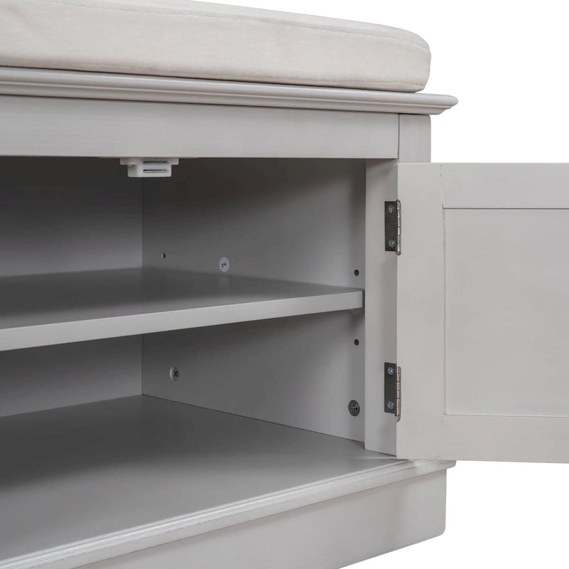 4-Door Entryway Storage Bench with Removable Linen Cushion and Adjustable Shelves