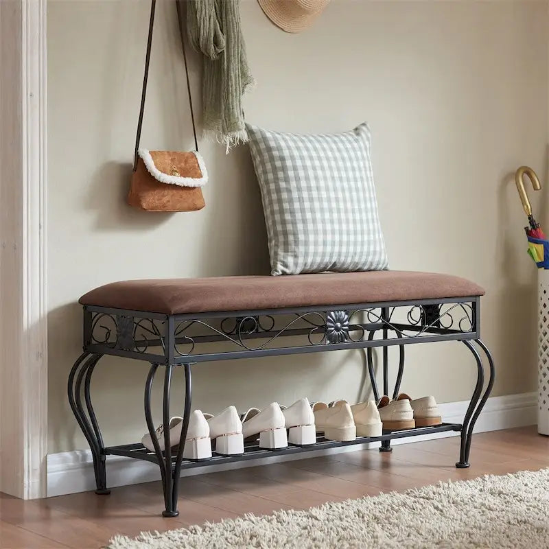 Upholstered Entryway Bench with Open Shoe Shelf
